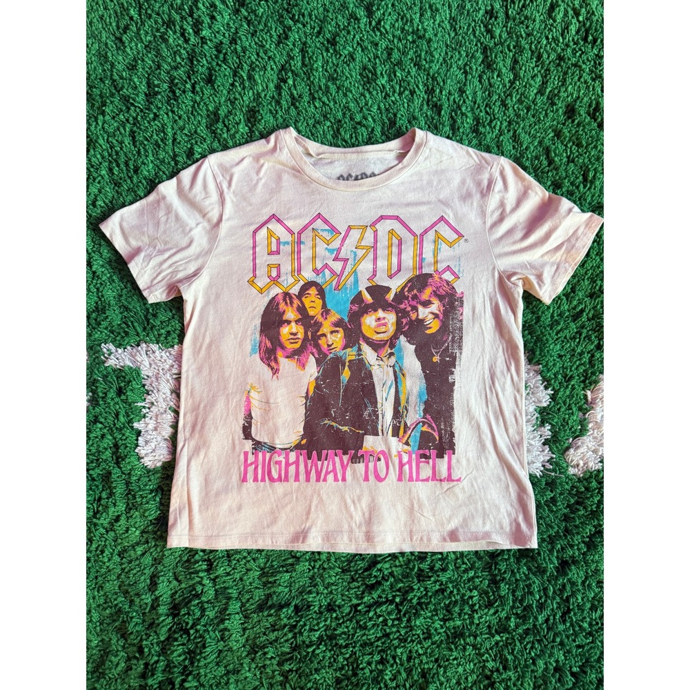 AC/DC Highway to Hell Graphic Tee Hybrid Apparel Pink Womens Medium Band Shirt